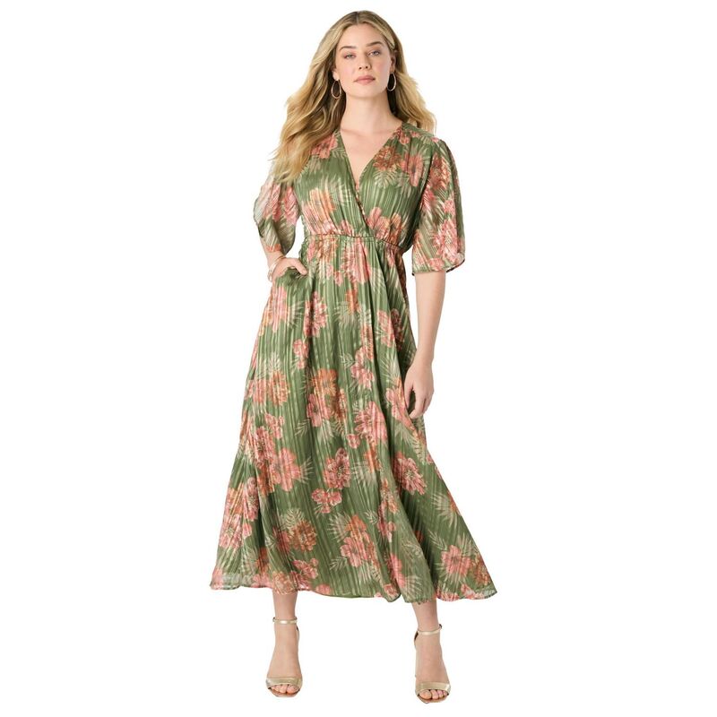 ロアマンズ レディース トップス 衣装 つけ加える大きさ マキシ Roaman\u0027s Women\u0027s Plusize Striped Lurex Maxi Dress Olive Safari Blooms オリーブ