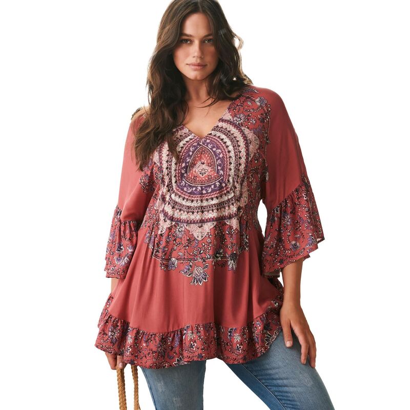 アベニュー レディース トップス Tシャツ プラスサイズ Avenue Women's Plusize Frankie Frill Detail Tunic Terracotta テラコッタ