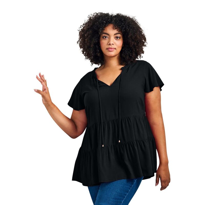 アベニュー レディース トップス シャツ ティアード プラスサイズ Avenue Women's Plusize Lani Flutter Sleeve Tiered Top Black ブラック