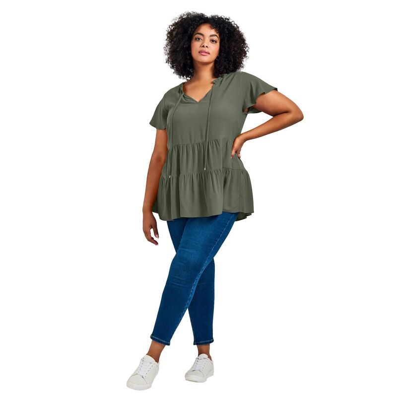 アベニュー レディース トップス シャツ ティアード プラスサイズ Avenue Women's Plusize Lani Flutter Sleeve Tiered Top Olive オリーブ