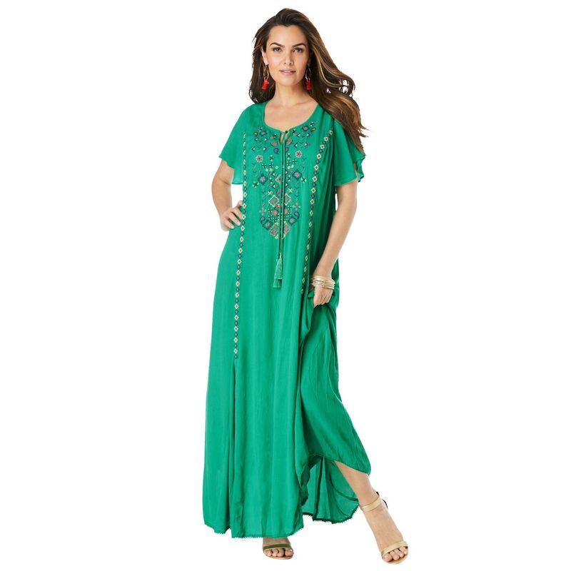 ロアマンズ レディース トップス ワンピース A ライン プラスサイズ 刺繍 マキシ Roaman's Women's Plusize Alinembroidered Crinkle Maxi Dress Tropical Emerald エメラルド｜ReVida 店 20,221円