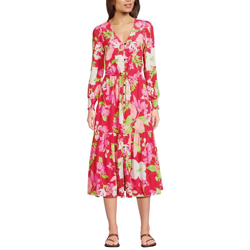 ランズエンド レディース トップス ワンピース ミディ Women's Lands' End Button Front Long Sleeve Midi Dress Berry Rouge Lilies