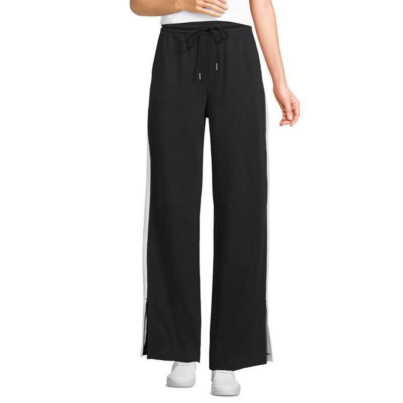 ランズエンド レディース ボトムス カジュアルパンツ ストレート プチ ニット Petite Lands' End Sport Knit High Rise Relaxed Straight Leg Side Stripe Pants Black White ホワイト
