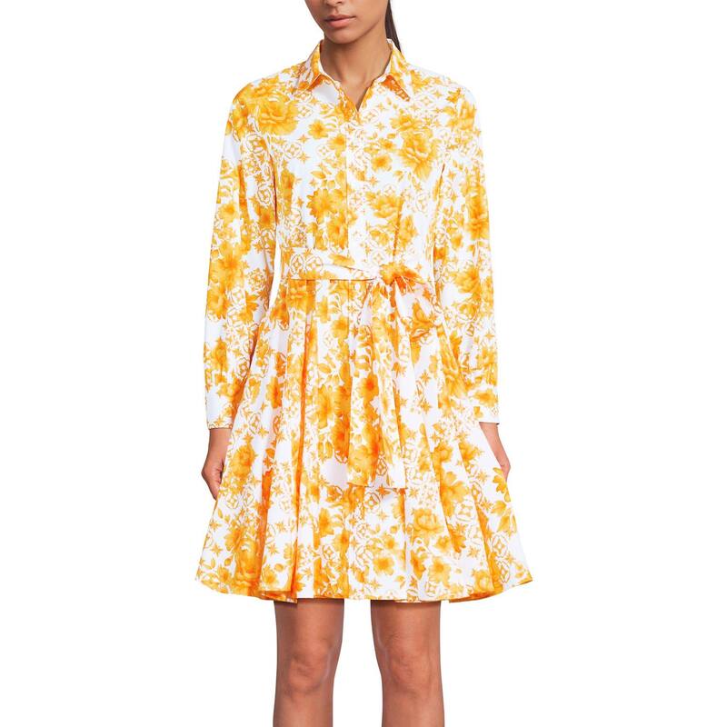 ランズエンド レディース トップス ワンピース Women's Lands' End Poplin Button Front Dress with Godets Yellow Mosaic Floral イエロー|ReVida 店