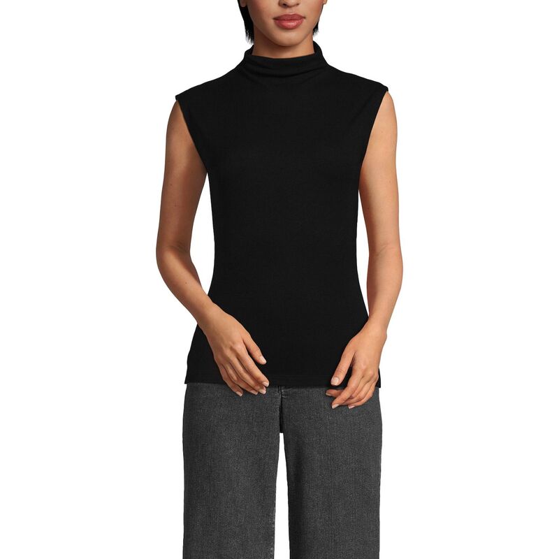 ランズエンド レディース トップス Tシャツ スタンドネック リブ Womens Lands' End Sleeve Drapey Ribbed Fitted Funnel Neck Tank Top Black ブラック 10,281円