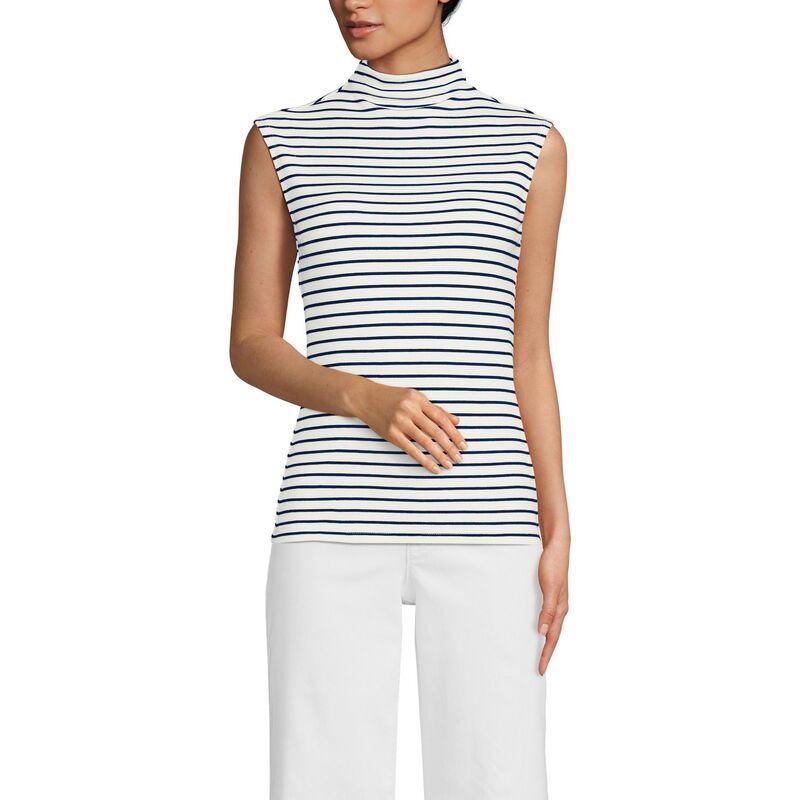 ランズエンド レディース トップス Tシャツ スタンドネック リブ Womens Lands' End Sleeve Drapey Ribbed Fitted Funnel Neck Tank Top Ivory Navy Stripe アイボリー