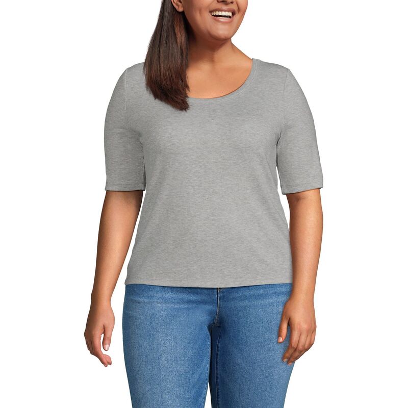 ランズエンド レディース トップス Tシャツ プラスサイズ Plusize Lands' Endrapey Rib Fitted Elbow Sleeve Scoop Neck Tee Gray Heather グレー｜ReVida 店