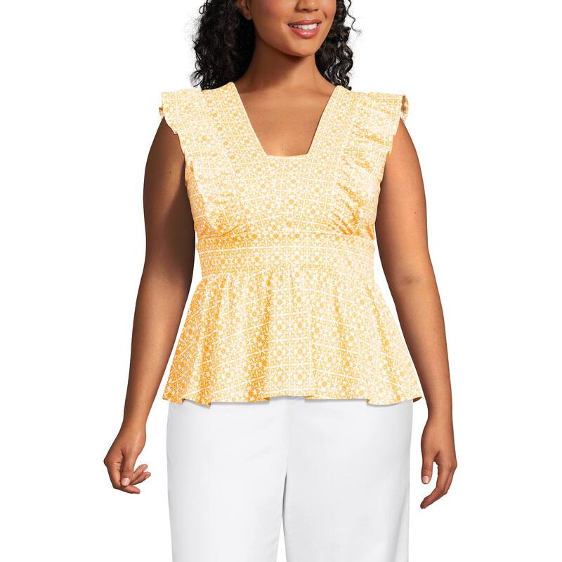 ランズエンド レディース トップス Tシャツ プラスサイズ フリル Plusize Lands' End Lightweight Ruffle Peplum Top Bright Lemon Mosaic