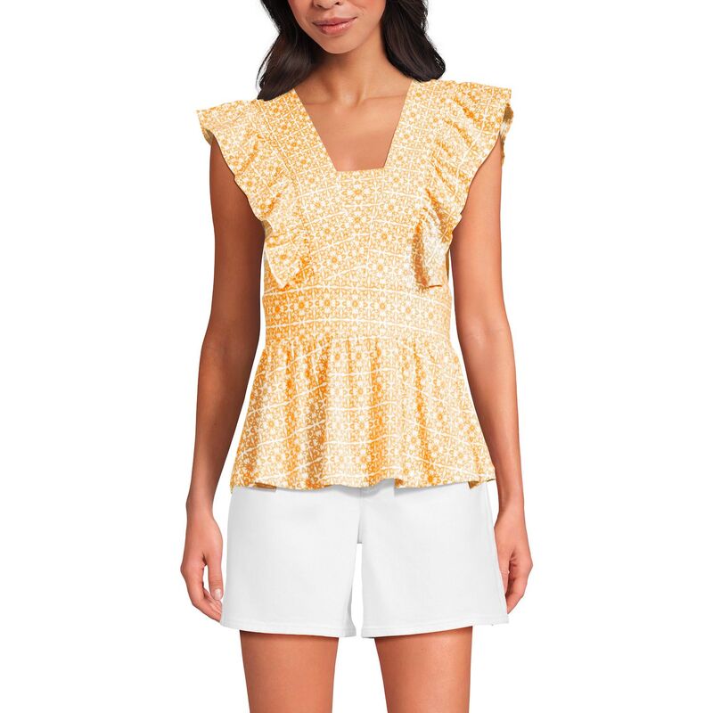 ランズエンド レディース トップス Tシャツ プチ フリル Petite Lands' End Ruffle Peplum Top Bright Lemon Mosaic