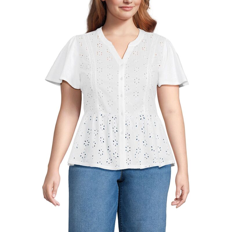 ランズエンド レディース トップス Tシャツ プラスサイズ Plusize Lands' End Short Sleeveyeletop White ホワイト