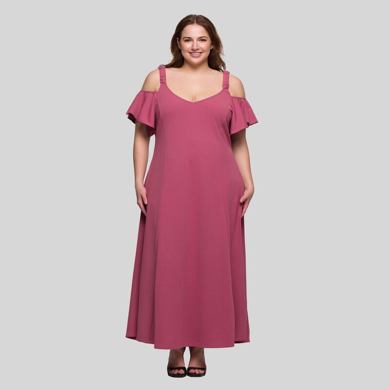 24 セブンコンフォート レディース トップス ワンピース A ライン プラスサイズ フリル マキシ Plusize 24Seven Comfort Apparel Cold Shoulderuffle Sleeve A-Line Maxi Dress Rose|ReVida 店