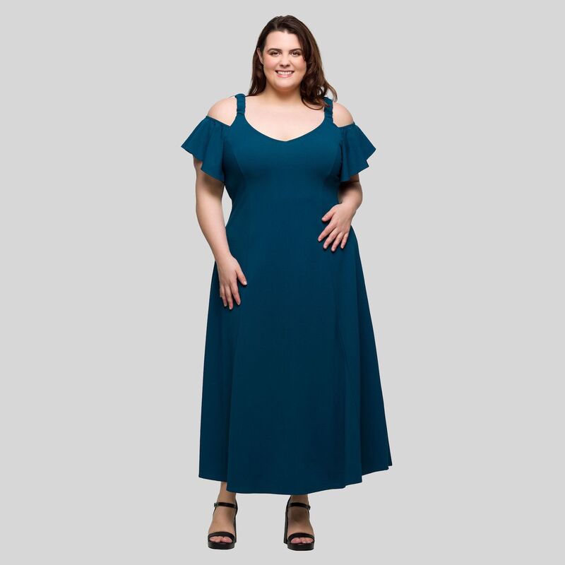 24 セブンコンフォート レディース トップス ワンピース A ライン プラスサイズ フリル マキシ Plusize 24Seven Comfort Apparel Cold Shoulderuffle Sleeve A-Line Maxi Dress Teal ティール|ReVida 店