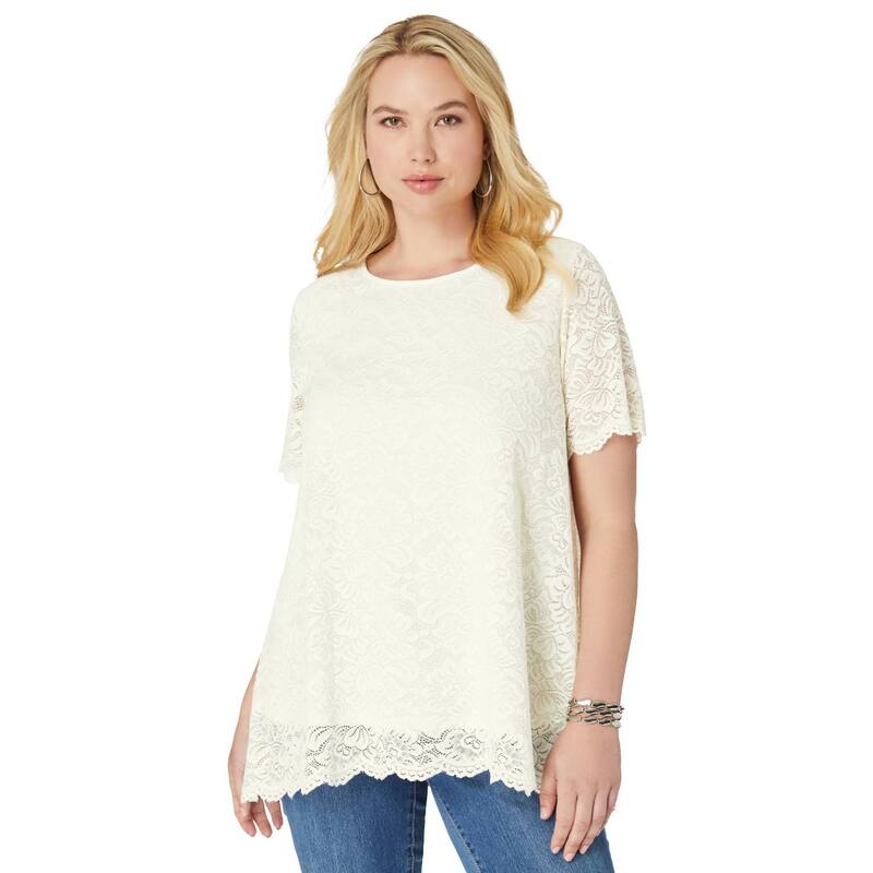 ロアマンズ レディース トップス Tシャツ プラスサイズ レース Roaman's Women's Plusize Allover Lace Swing Tee Ivory アイボリー