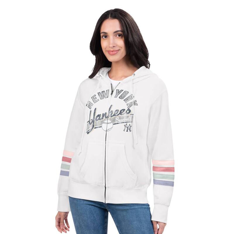 ジースリー フォーハー バイ カール バンクス レディース トップス Tシャツ フリース パーカー Women's G-III 4Her by Carl Banks White New York Yankees Naamah Sleeve Stripe Fleece Full-Zip Hoodie Ynk White ホワイト