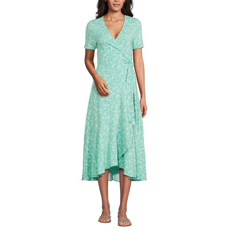 ランズエンド レディース トップス ワンピース Vネック ミディ Women's Lands' End V-Neck Wrap Midi Dress Green Flower Patch グリーン｜ReVida 店