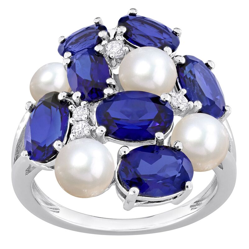 ステラ グレース レディース アクセサリー リング Stella Grace Sterling Silver Freshwater Cultured Pearlab-Created Blue Sapphire & Lab-Created White Sapphire Cocktail Ring Sterling ホワイト｜ReVida 店