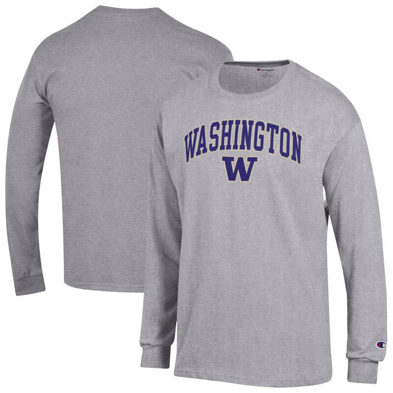 チャンピオン メンズ トップス Tシャツ ロゴ Men'sChampion Heather Gray Washington Huskies Arch Over Logo Long Sleeve T-Shirt Wsh Grey グレー