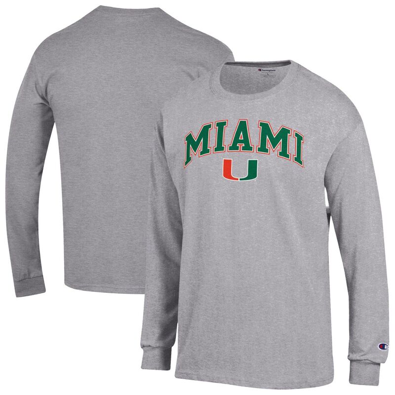 チャンピオン メンズ トップス Tシャツ ロゴ Men'sChampion Heather Gray Miami Hurricanes Arch Over Logo Long Sleeve T-Shirt Mia Grey グレー 8,380円