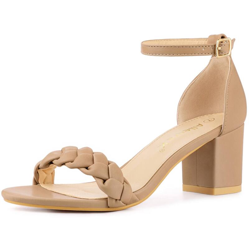 アレグラ ケー レディース シューズ パンプス サンダル アンクル ヒール ALLEGRA K Women's Chunky Heels Ankle Strap Braided Heel Sandals Khaki カーキ