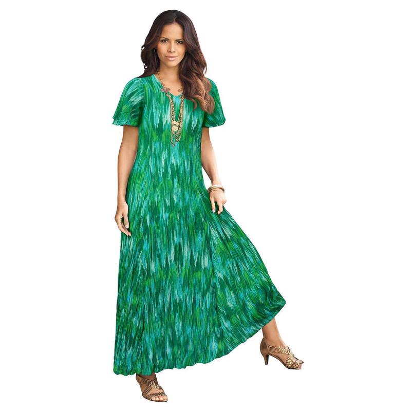 ロアマンズ レディース トップス ワンピース プラスサイズ プチ Roaman's Women's Plusize Petite Flutter Sleeve Crinkle Dress Green Abstract Ikat グリーン|ReVida 店