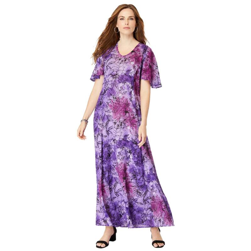 ロアマンズ レディース トップス ワンピース プラスサイズ プチ Roaman's Women's Plusize Petite Flutter Sleeve Crinkle Dress Lavender Tie Dye ラベンダー
