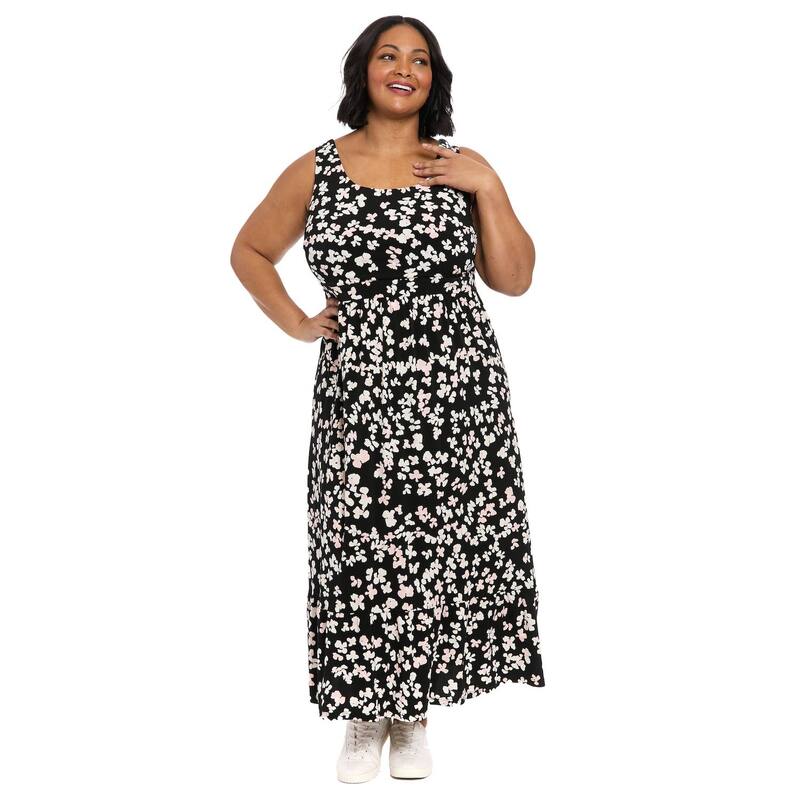 ロンドンタイムス レディース トップス ワンピース プラスサイズ マキシ Plusize London Timescoop Neck Inset Waist Maxi Flounce Hem Dress Black Fuchsia ブラック