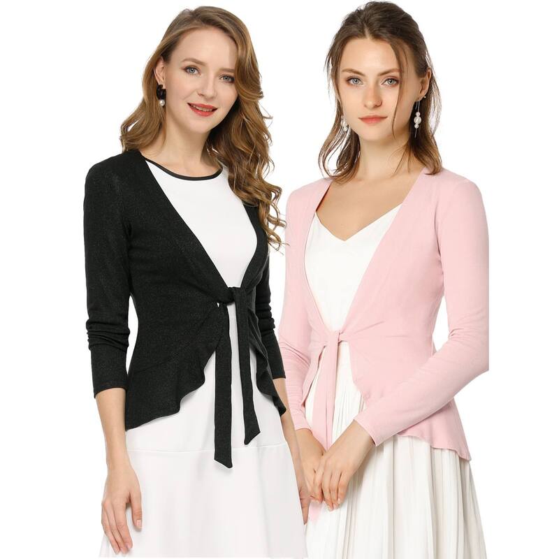 アレグラ ケー レディース アウター ニット・セーター フリル トール カーディガン ALLEGRA K 2 Packs Women's Tie Open Front Long Sleeve Knit Metallic Ruffled Crop Cardigan Black Pink ブラック