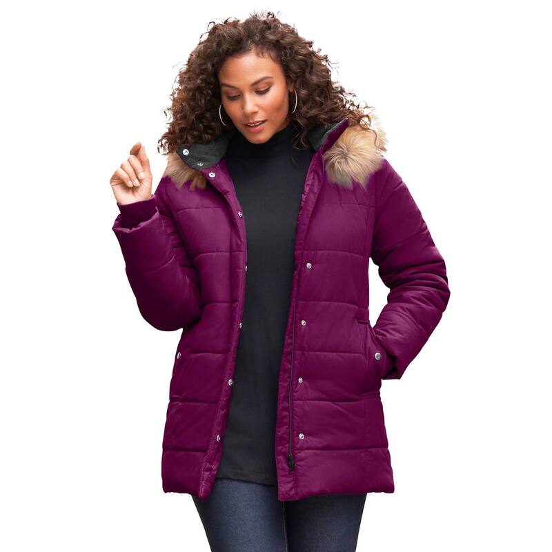 ロアマンズ レディース アウター ジャケット・ブルゾン プラスサイズ キルティング Roaman's Women's Plusize Classic Length Quilted Puffer Jacket Dark Berry｜ReVida 店
