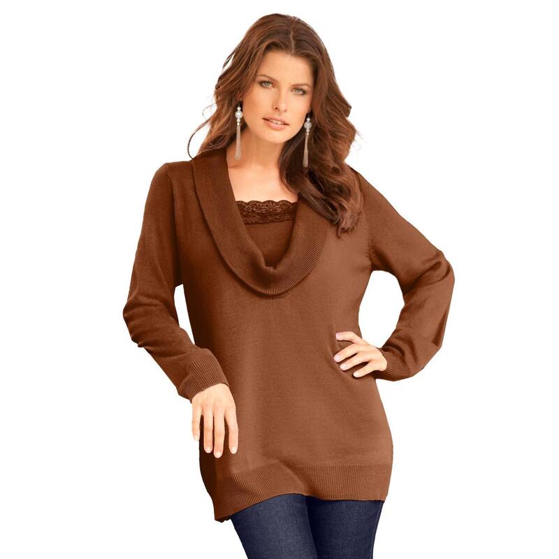 ロアマンズ レディース アウター ニット・セーター レーストリム プラスサイズ レース Roaman's Women's Plusize Lace Trim Cowl Neck Sweater Cognac