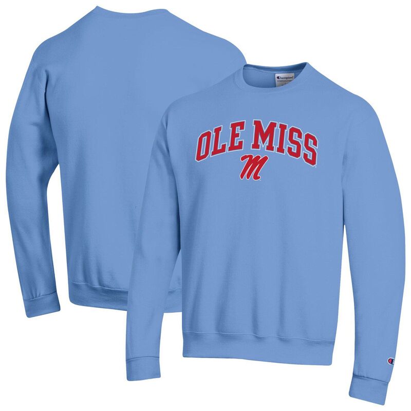 はやりっ児 メンズ トップス プルオーバー 汗水 ロゴタイプ Men\u0027sChampion Powder Blue Ole Miss Rebels Arch Over Logo Pullover Sweatshirt Ole Light 青色