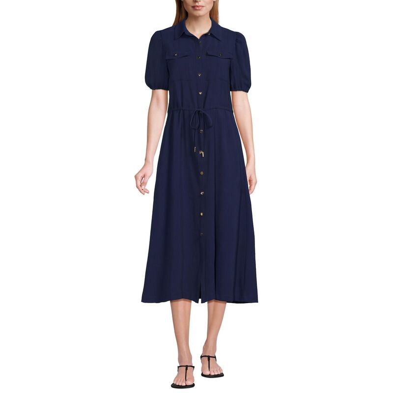 ランズエンド レディース トップス ワンピース Women's Lands' End Twill Button Front Short Sleeve Dress Deep Sea Navy ネイビー