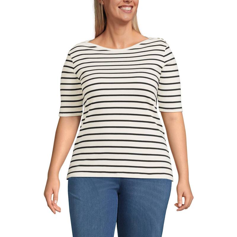 ランズエンド レディース トップス Tシャツ プラスサイズ Plusize Lands' End Elbow Sleeve Boatneck Button Shoulder Tee Ivory Black Stripe アイボリー