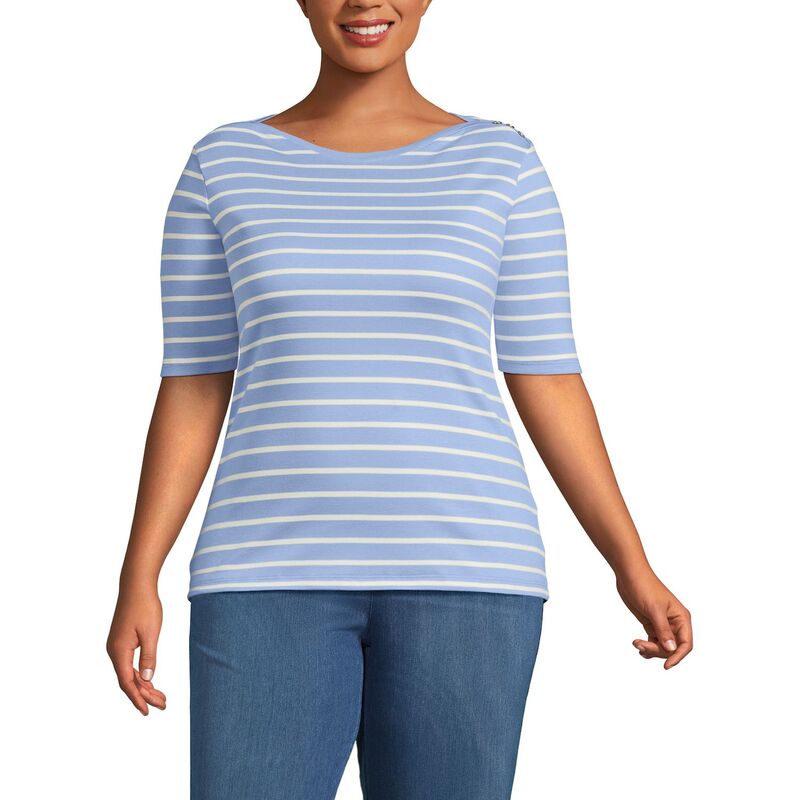 ランズエンド レディース トップス Tシャツ プラスサイズ Plusize Lands' End Elbow Sleeve Boatneck Button Shoulder Tee Periwinkle Ivory アイボリー