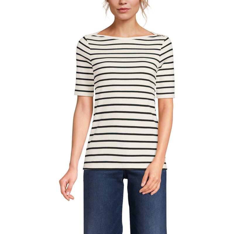 ランズエンド レディース トップス Tシャツ Women's Lands' End Elbow Sleeve Boatneck Button Shoulder Tee Ivory Black Stripe アイボリー