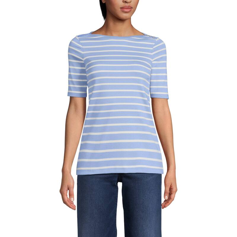 ランズエンド レディース トップス Tシャツ Women's Lands' End Elbow Sleeve Boatneck Button Shoulder Tee Periwinkle Ivory アイボリー