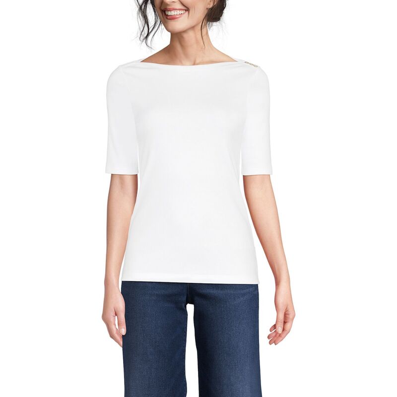 ランズエンド レディース トップス Tシャツ Women's Lands' End Elbow Sleeve Boatneck Button Shoulder Tee White ホワイト