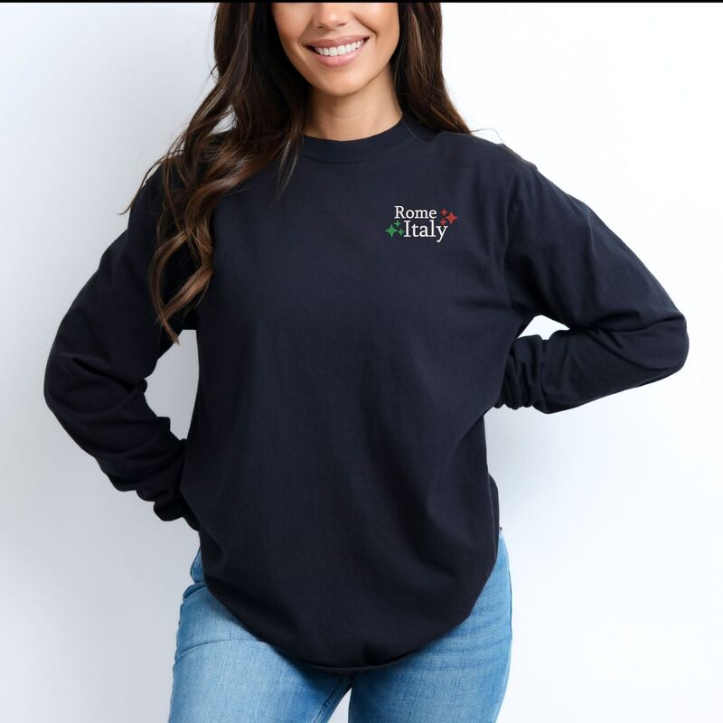 Simply Sage Market レディース トップス Tシャツ 刺繍 Simply Sage Market Embroidered Rome Italy Stars Garment Dyed Long Sleeve Black ブラック|ReVida 店