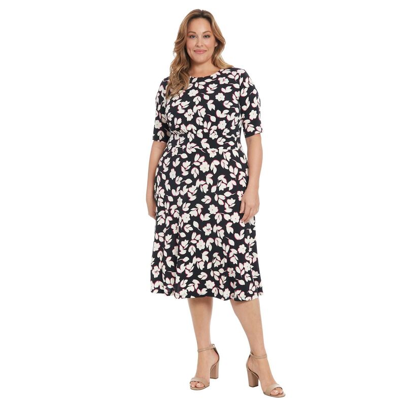 ロンドンタイムス レディース トップス ワンピース プラスサイズ ミディ Plusize London Times Elbow Sleeve Inset Waist Midi Dress Black Fuchsia ブラック