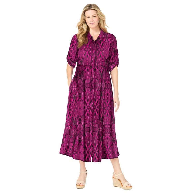 ウーマン ウィズイン レディース トップス ワンピース プラスサイズ プチ シャツ Woman Within Plusize Petite Roll-Tab Sleeve Crinkle Shirtdress Deep Claret Batik