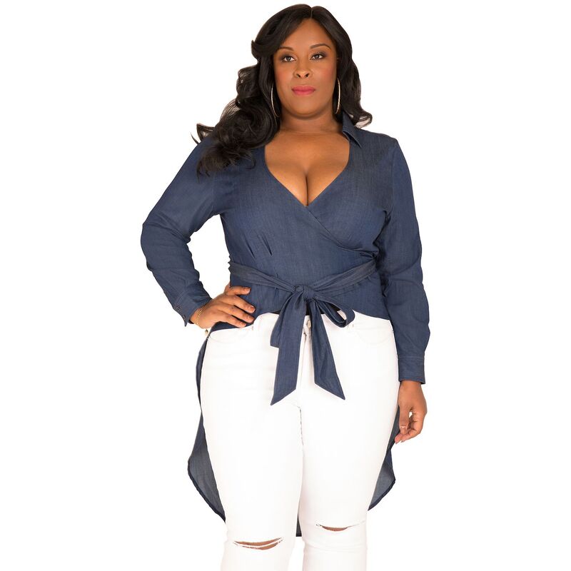 ポエティック ジャスティス レディース トップス シャツ プラスサイズ デニム Poetic Justice Plusize Curvy Women's Fishtail Tencel Denim High-Lowrap Shirt Indigo インディゴ