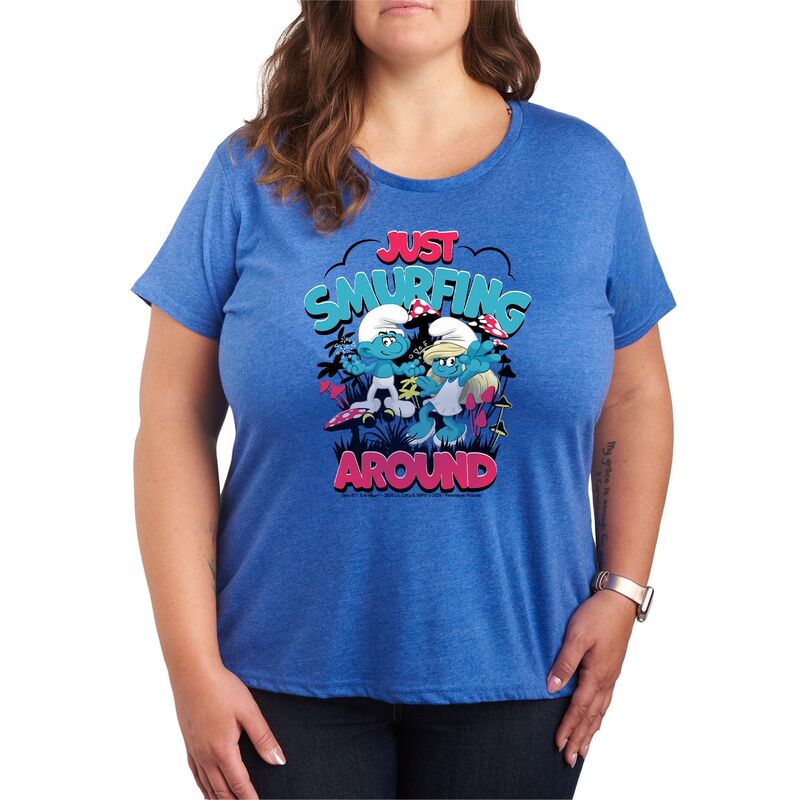 アニメキャラクター レディース トップス Tシャツ プラスサイズ グラフィック Licensed Character Plusize Smurfs Just Smurfing Around Graphic Tee Heatheroyal Blue ヘザー