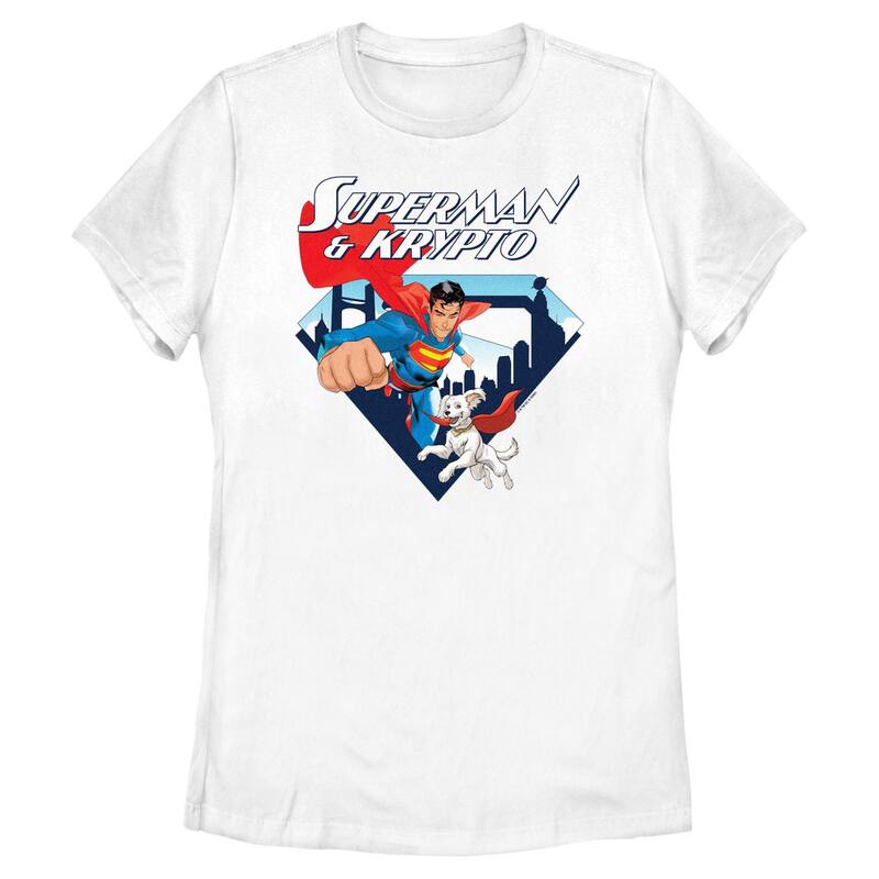 アニメキャラクター レディース トップス Tシャツ グラフィック Licensed Character Juniors' DComicsuperman & Krypto Metropolis Filled Shield Graphic Tee White ホワイト