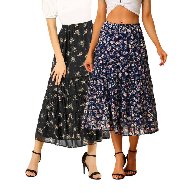 アレグラ ケー レディース ボトムスカート ティアード フラワー柄 プリント フリル マキシ フラワー ALLEGRA K 2 Packs Women's Floral Print Elastic Waist Ruffle Maxi Tiered Skirt Black Navy Blue ブラック