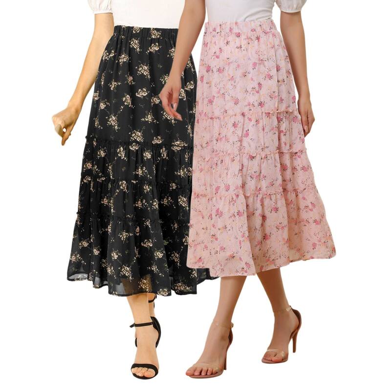 アレグラ ケー レディース ボトムスカート ティアード フラワー柄 プリント フリル マキシ フラワー ALLEGRA K 2 Packs Women's Floral Print Elastic Waist Ruffle Maxi Tiered Skirt Black Pink ブラック
