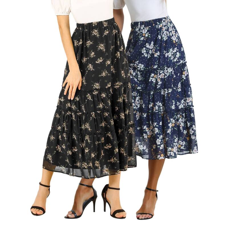アレグラ ケー レディース ボトムスカート ティアード フラワー柄 プリント フリル マキシ フラワー ALLEGRA K 2 Packs Women's Floral Print Elastic Waist Ruffle Maxi Tiered Skirt Black Vintage Blue ブラック