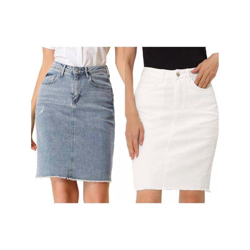 アレグラ ケー レディース ボトムスカート ひざ丈 ハイウエスト デニム ALLEGRA K 2 Packs Women's Distressed High Waist Ripped Hem Knee Length Denim Skirt White Blue ホワイト｜ReVida 店 19,426円