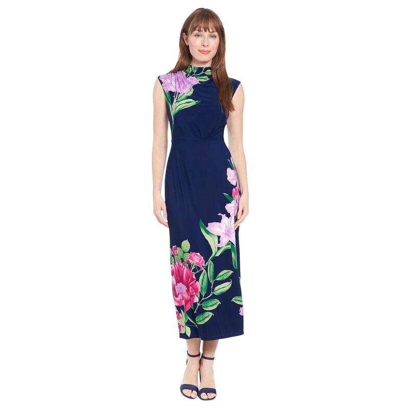 ロンドンタイムス レディース トップス ワンピース モックネック フラワー柄 プチ プリント ギャザー マキシ フラワー Petite London Times Floral Print Mock Neck Ruched Shoulder Maxi Dress Navy Pink ネイビー