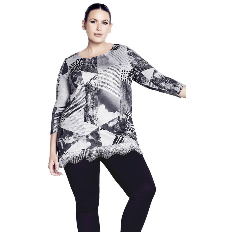 アベニュー レディース トップス シャツ プラスサイズ レース Avenue Women's Plusize Lace Hem Top Mono Geo