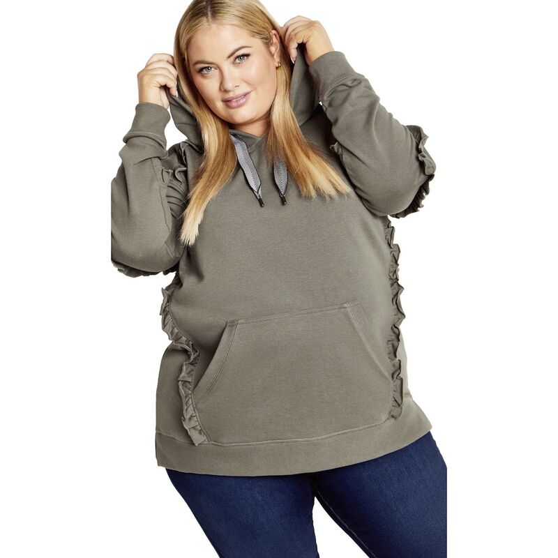 アベニュー レディース トップス Tシャツ プラスサイズ パーカー Avenue Women's Plusize Frill Plain Hoodie Olive オリーブ｜ReVida 店 12,411円