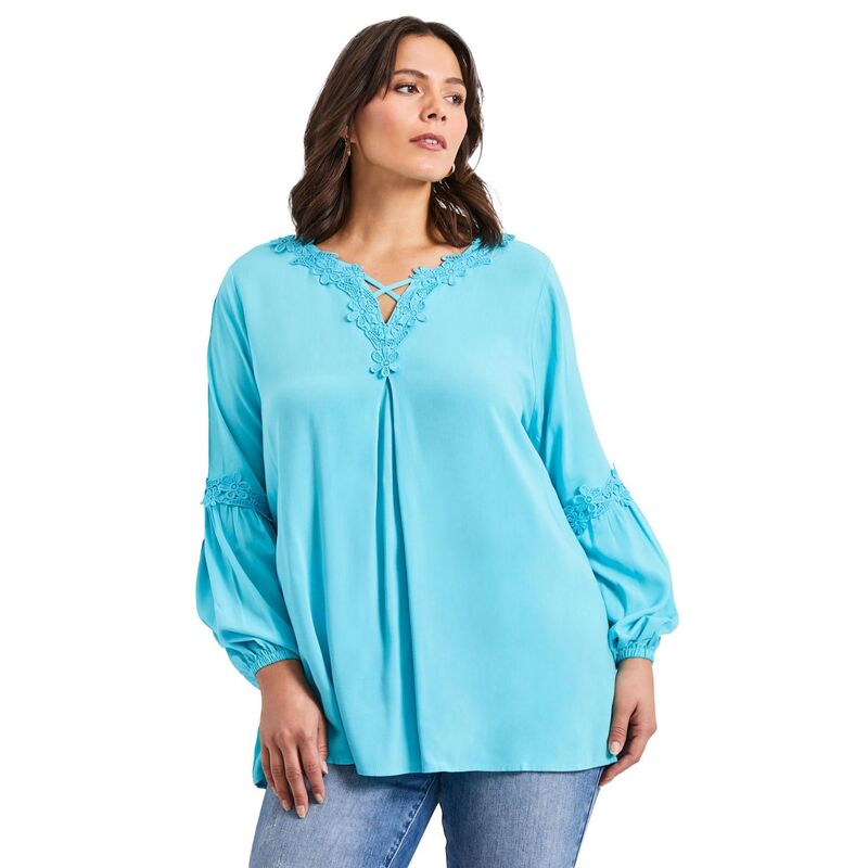 アベニュー レディース トップス シャツ レーストリム プラスサイズ レース Avenue Women's Plusize Crochet Lace Trim Top Aqua Blue ブルー